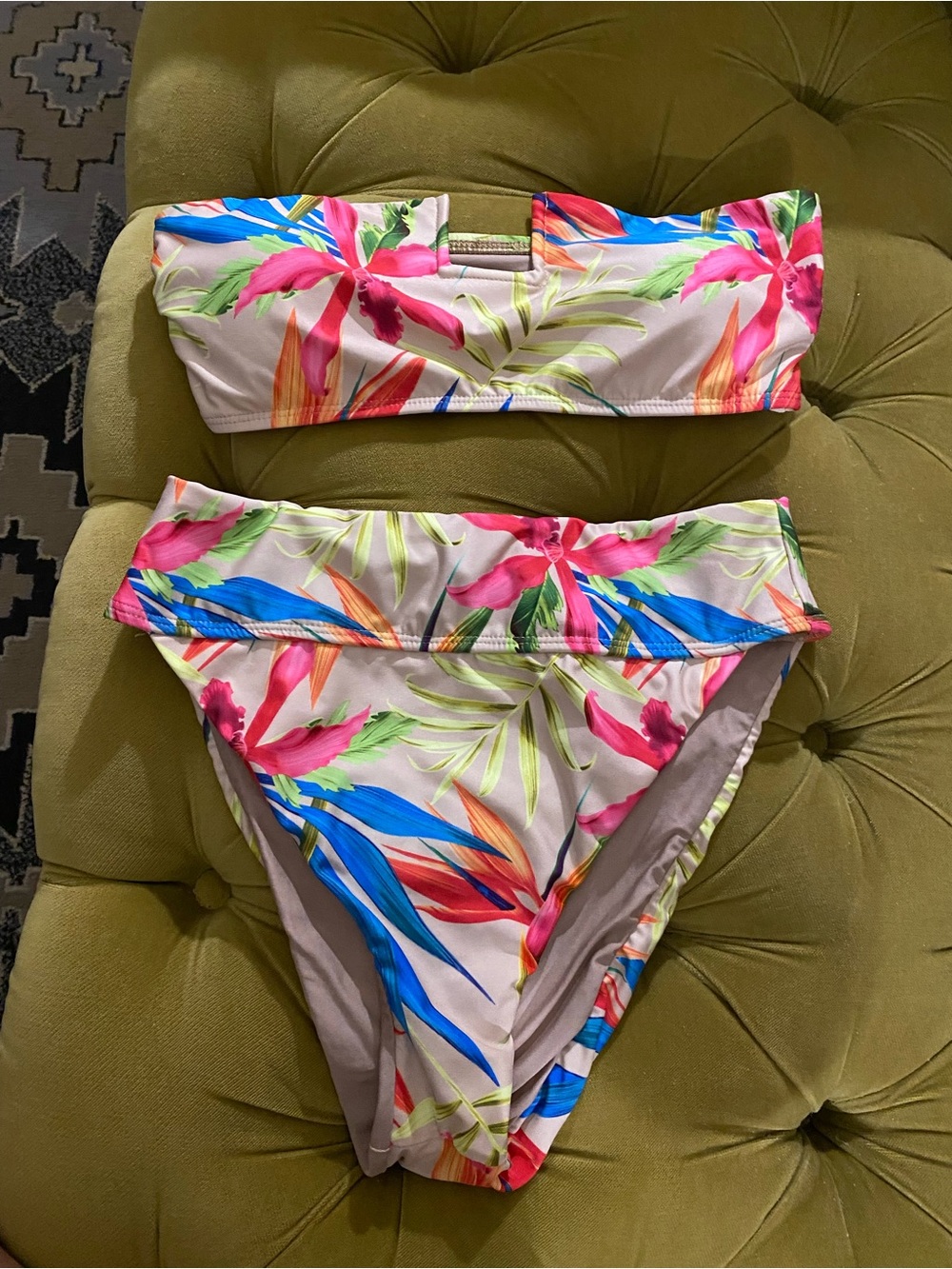 VYB Tropical Floral Bandeau Bikini Set - Pink, Blue & Green (S)